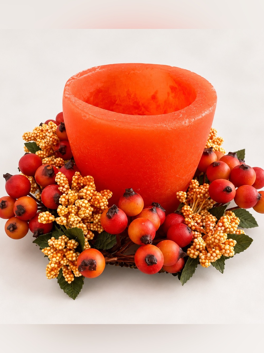 Orange Decorative Candle Centerpiece with Berry Wreath